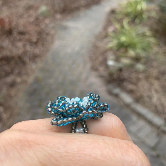 🌷3 for$25🌷Handmade, Glass Bead Blue & Gold Flower Ring, Fits up to Ring 8 - Picture 3 of 4
